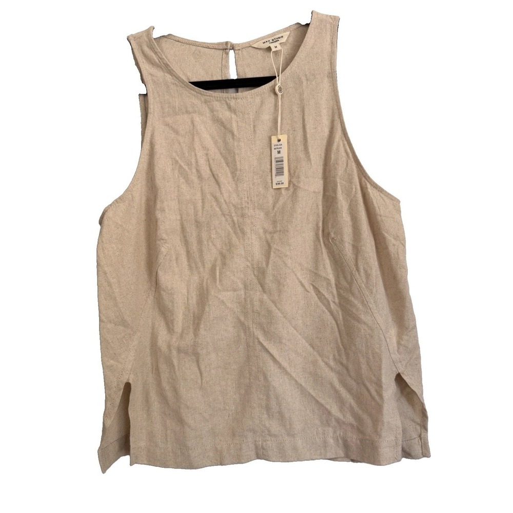 Max Studio Blouse Women Medium  Linen Blend Short Sleeve Coastal Minimalist